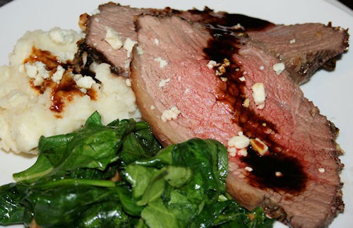 Walnut roast with bleu cheese mashed potatoes, wilted walnut spinach, drizzled with a worcestshire sauce