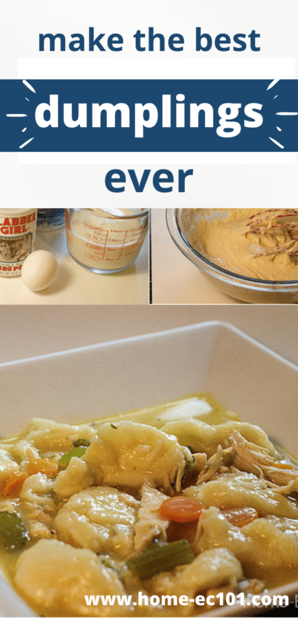 Collage of dumpling ingredients, with a bowl of chicken and dumplings