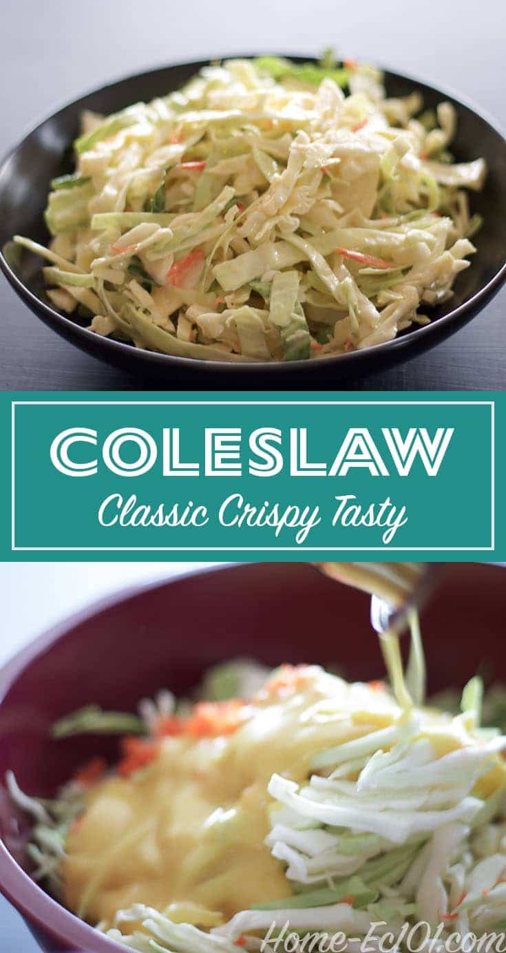 This recipe for coleslaw is creamy, tangy, and not overly sweet. It can be put together with ingredients that are easy to have on hand all the time.