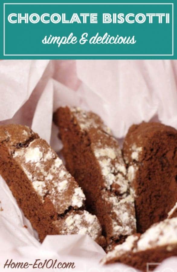 I prefer this chocolate biscotti recipe without the chocolate chips and with the walnuts, but since I was making it for the family, they got it their way.